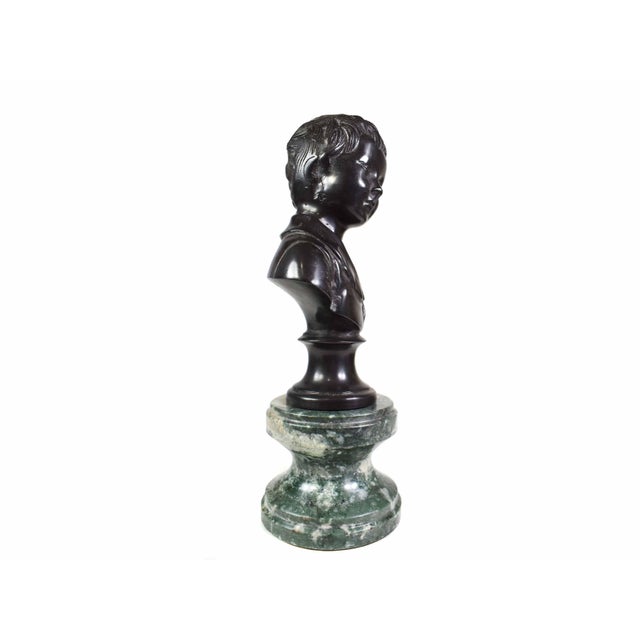 Green Vintage Neoclassical Bronze Boy and Girl Bust on Marble Base Figurines- A Pair For Sale - Image 8 of 15