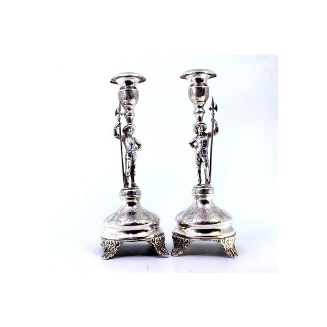 Silver Silver Candlesticks with Halberdiers on Pedestal, Engraved Plant Elements and Embossed Feet, Set of 2 For Sale - Image 8 of 9