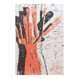 Vintage 1996 Linocut Orange Black Painters Cup Block Print For Sale