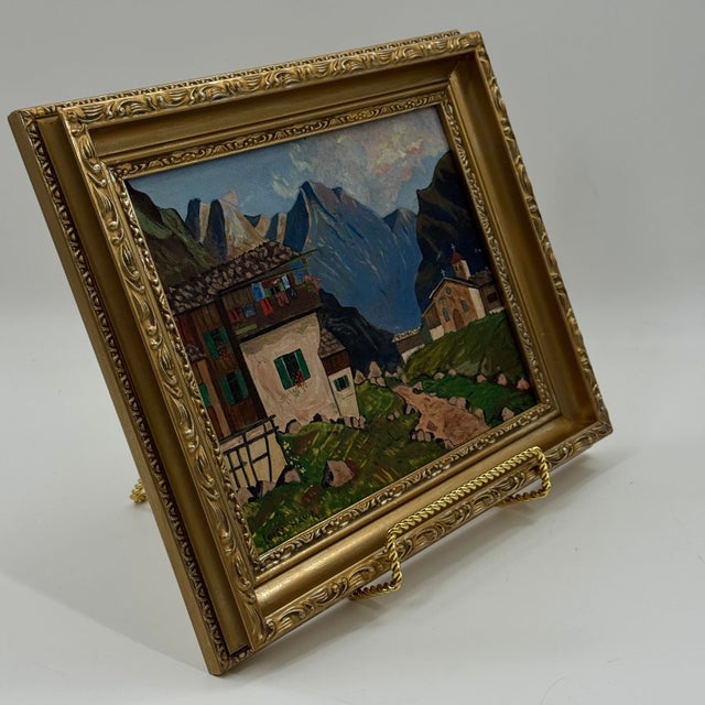 Vintage Original Alpine Village Landscape Oil Painting For Sale - Image 9 of 11