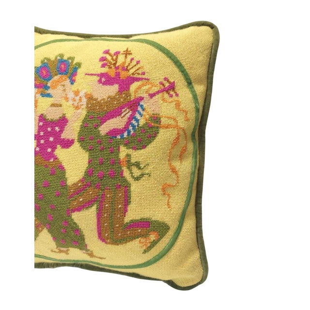 Late 20th Century Vintage Handmade Needlepoint Pillow in Yellow with Victorian Green Jesters For Sale - Image 5 of 9