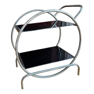Antique Art Deco Streamline Chrome Hoop & Black Glass Side Table For Sale