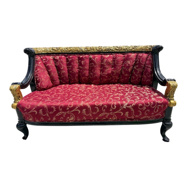 1930s Lovely Louis XVI Gold & Red Satin Walnut Victorian Sofa Settee For Sale