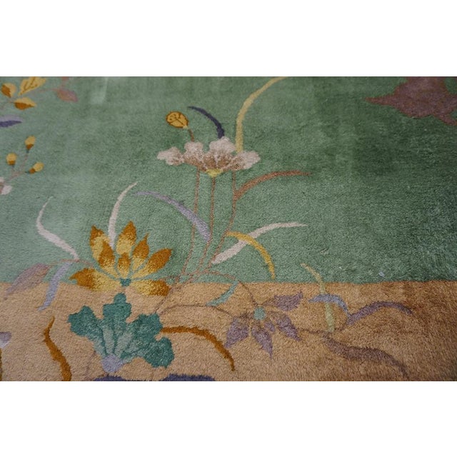Textile 1920s Green Celadon Floral Scene Chinese Art Deco Carpet 4'5'' X 11'9'' Knotted Wool Rug For Sale - Image 7 of 11