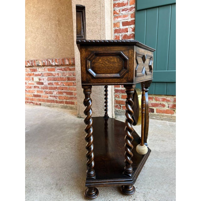 Wood Antique English Console Hall Table Jacobean Carved Oak Barley Twist Gong C1880 For Sale - Image 7 of 18