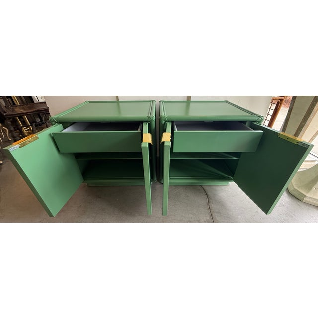 Mid-Century Modern Pair of Green 1970's Campaign Style Nightstands For Sale - Image 3 of 11