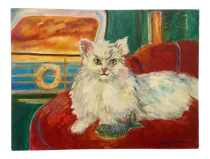 "Gotcha" Mid-Century Oil Painting by Nancy Wheeler