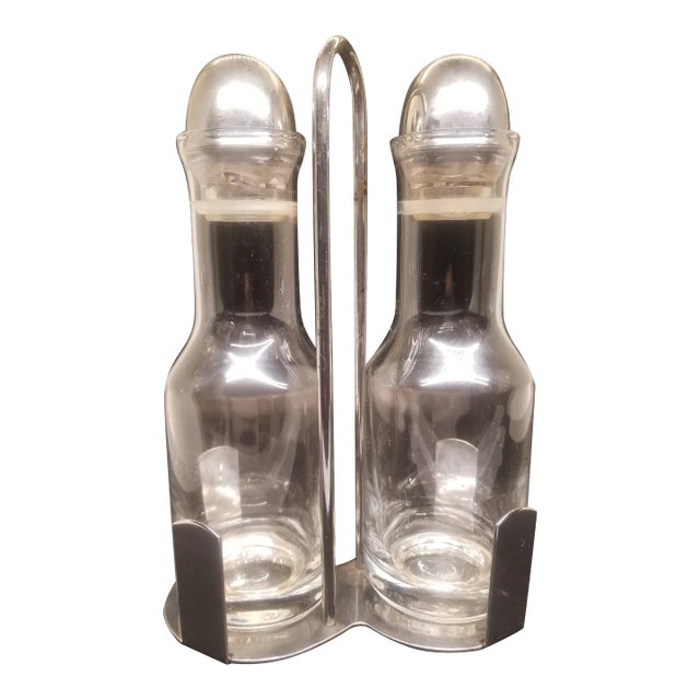 Vintage MCM Oil and Vinegar Stainless Steel and Glass Cruet Set, Italy For Sale