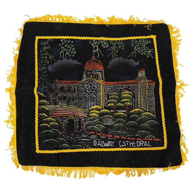 Mid-Century Black Velvet Irish Souvenir Pillow Covers - Pair (Galway Cathedral & Ashford Castle) A charming pair of mid-...