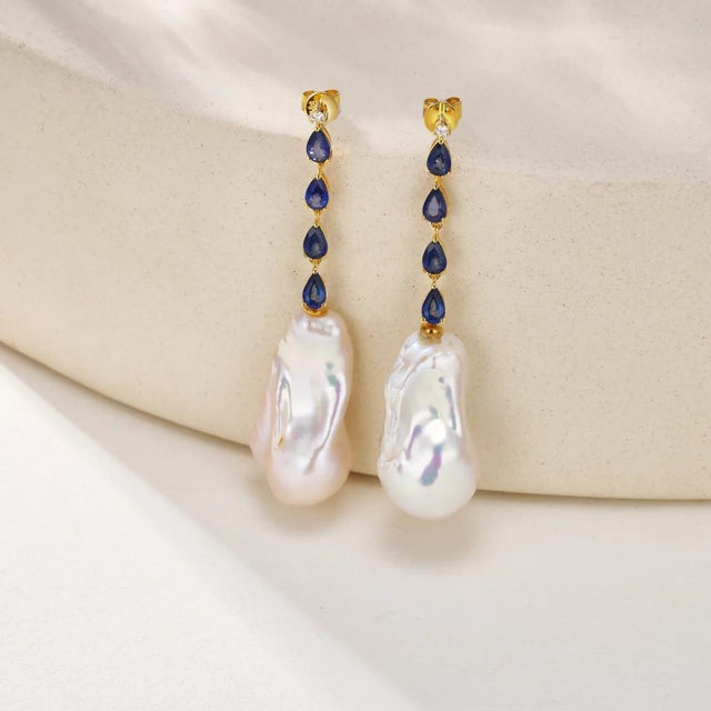 Metal Nina Zhou Sapphire Diamond & Baroque Pearl Convertible Drop Earrings in 14k Yellow Gold - A Pair For Sale - Image 7 of 11