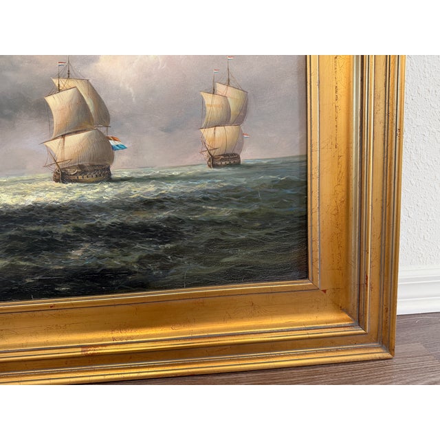 Vintage Maritime Seascape Oil Painting With Dutch Ships Nautical Naval Art For Sale - Image 9 of 9