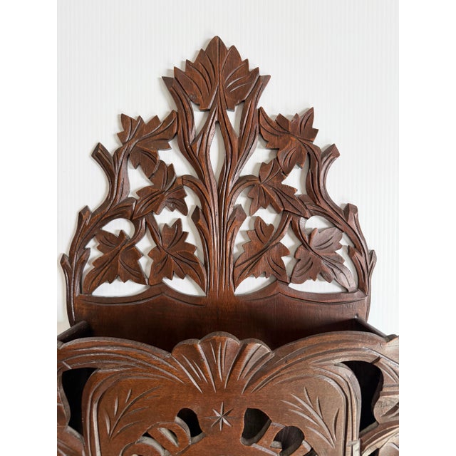 Large Antique Victorian Carved Wood Good Luck Wall Pocket Magazine Rack For Sale In Cleveland - Image 6 of 12