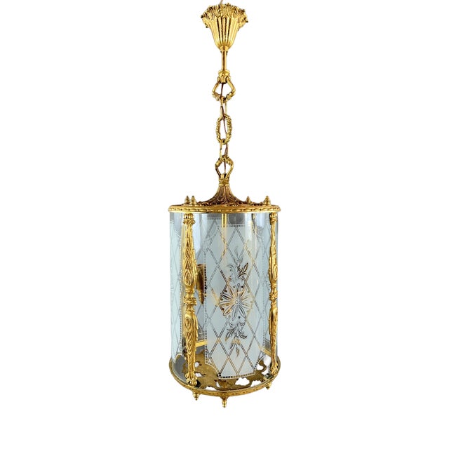 20th Century Louis XVI Style Lantern in Gilt Bronze and Engraved Glass For Sale