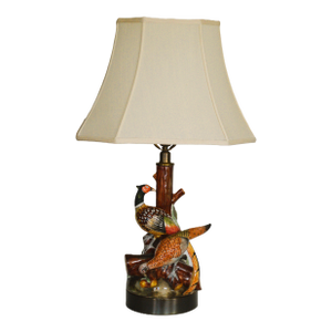1950s French Majolica Jerome Massier Vallauris Attribute Earthenware Pottery Painted Pheasant Table Lamp