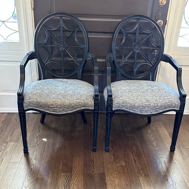Pair of Ethan Allen Spider Back Chairs Dramatic frames are painted black and seats are upholstered in textured upholstery...