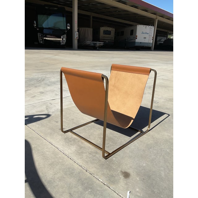 Mid-Century Modern Contemporary Saddle Leather & Brass Magazine Rack / Firewood Holder For Sale - Image 3 of 8
