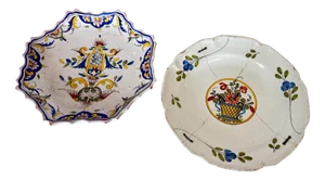 19th-Century French Hand-Painted Faience Plates in the style of Rouen, Set of 2