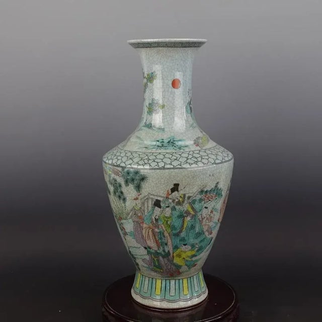 1900 - 1909 Chinese Vintage Porcelain Vase Qing Dynasty Qianlong Marked Crackle Glaze Famille Verte Porcelain Vase Hand Painted Figures Pattern For Sale - Image 5 of 7