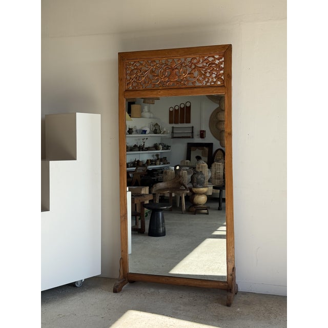 Large Freestanding Teak Mirror with Carved Openwork Pediment, Indonesia, 1980s For Sale - Image 3 of 18