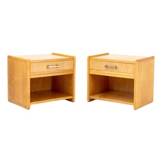 Modern Walnut and Rattan Nightstands, Pair For Sale