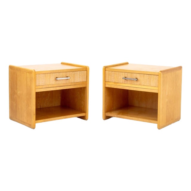 Modern Walnut and Rattan Nightstands, Pair For Sale