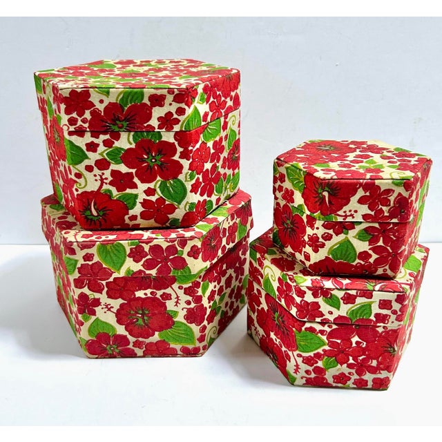 French Country Antique Floral Nesting Boxes – Textile Covered Folk Art Storage Boxes, Early 20th Century (Set of 4) For Sale - Image 3 of 9