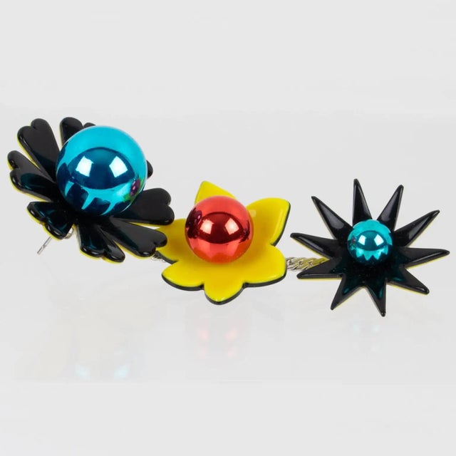 Glass Kenzo Black, Blue and Yellow Acrylic Floral Dangle Earrings For Sale - Image 7 of 7