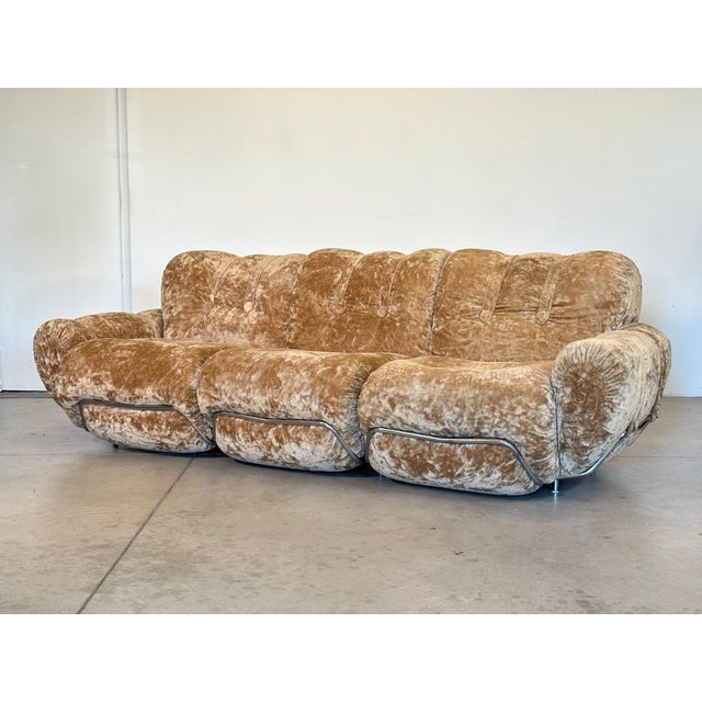 Sofa from the 70s, chromed steel frame, healthy padding but velvet fabric needs redoing (as you can see in the photo it is...