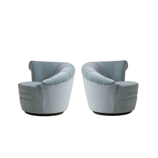 Wood Kagan Style Soft Blue Channel Back Nautilus Swivel Chairs - A Pair For Sale - Image 7 of 10