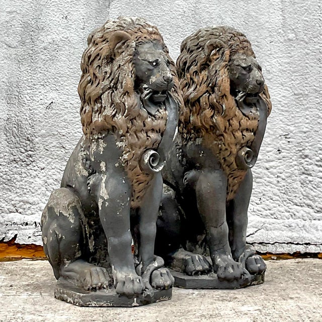 Boho Chic Vintage Boho Cast Concrete Lion Statues - a Pair For Sale - Image 3 of 7