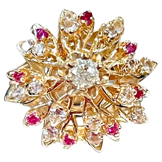 Natural Ruby and Diamond 14 Karat Yellow Gold Flower Cocktail Ring For Sale - Image 15 of 18