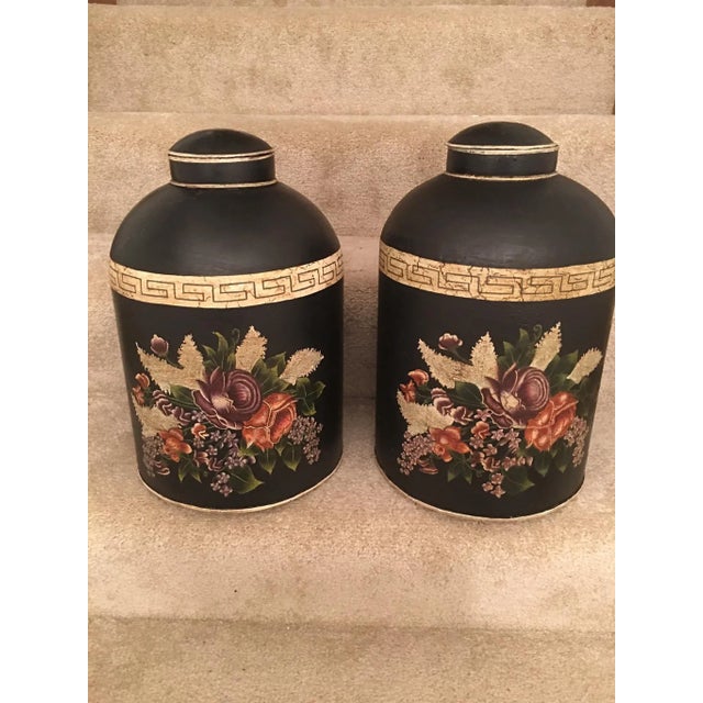 1990s English Black Floral Design Tea Caddy For Sale - Image 5 of 13