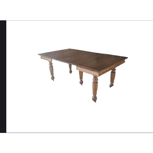 Late 19th Century Early American Solid Oak Banquet Dining Table With Fluted Legs on Casters For Sale - Image 9 of 18