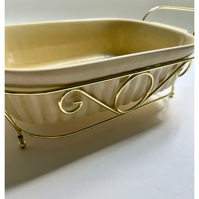 Mustard 1983 Modern Pfaltzgraff Yellow Ceramic Baker & Brass Holder For Sale - Image 8 of 16