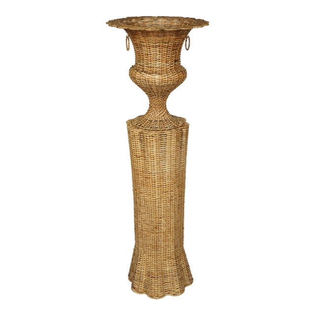 Round Scalloped Wicker Urn and Pedestal For Sale