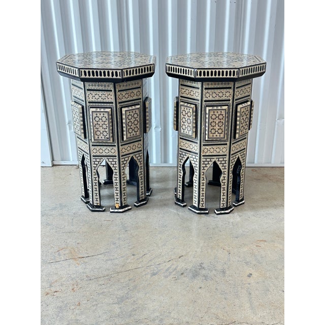 Vintage Moroccan Inlaid Side Tables-a Pair For Sale - Image 4 of 12
