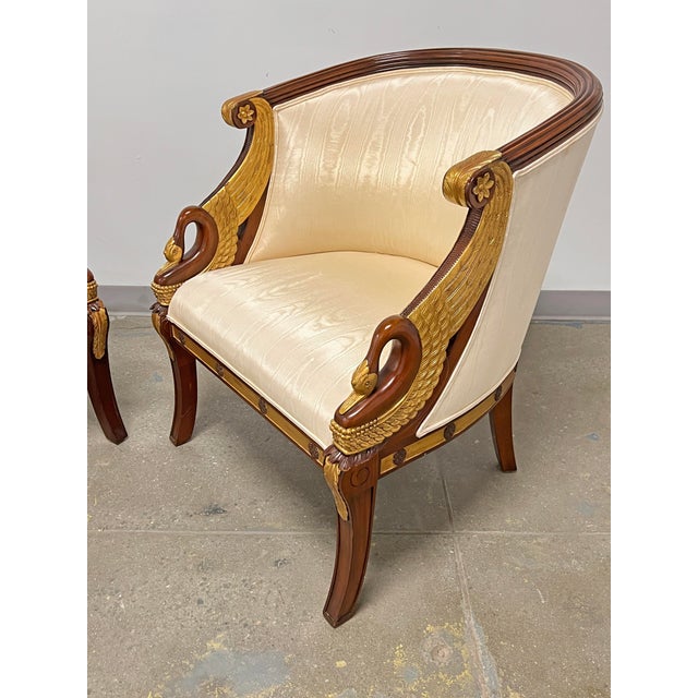 Traditional Maitland-Smith Bergère Lounge Chairs With Gilt Parcel Swan Heads - A Pair For Sale - Image 3 of 14
