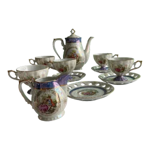 Vintage Japan Mtk Tokhi China Lusterware 14 Pieces Iridescent Coffee/Tea Set W/Romantic Rococco Motif