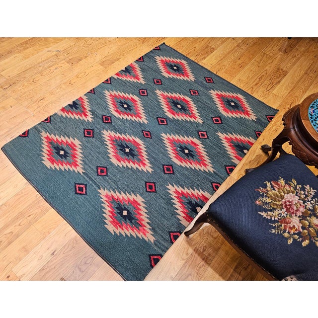 American Vintage Southwestern Kilim Rug, Flat-Woven Wool, Geometric Pattern, Green & Red, 4x5 For Sale - Image 3 of 13