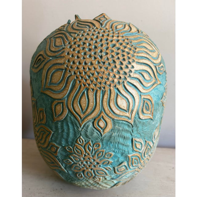 Boho Chic Vintage Large Blue Studio Pottery Vase With Sunflower Relief Pattern For Sale - Image 3 of 10