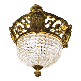 1970s Baroque Gold Bronze Crystal Chandelier Ceiling Lamp For Sale
