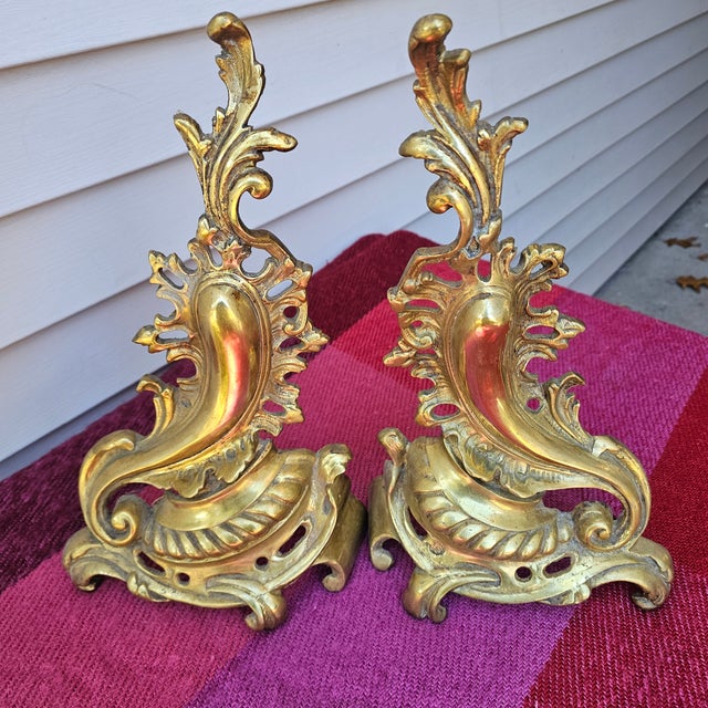 Metal Mid Century Brass Plated Iron Chenets- a Pair For Sale - Image 7 of 7