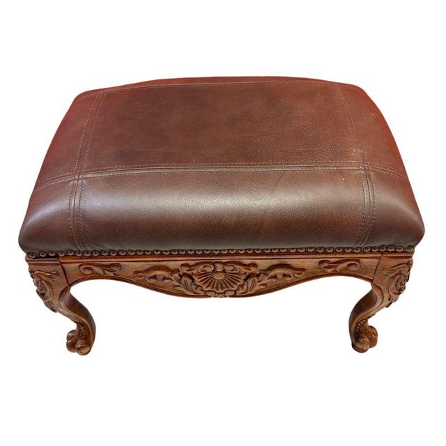 French Louis XV Style Carved Wood Footstool Ottoman With Faux Leather & Nailhead Trim For Sale - Image 3 of 5