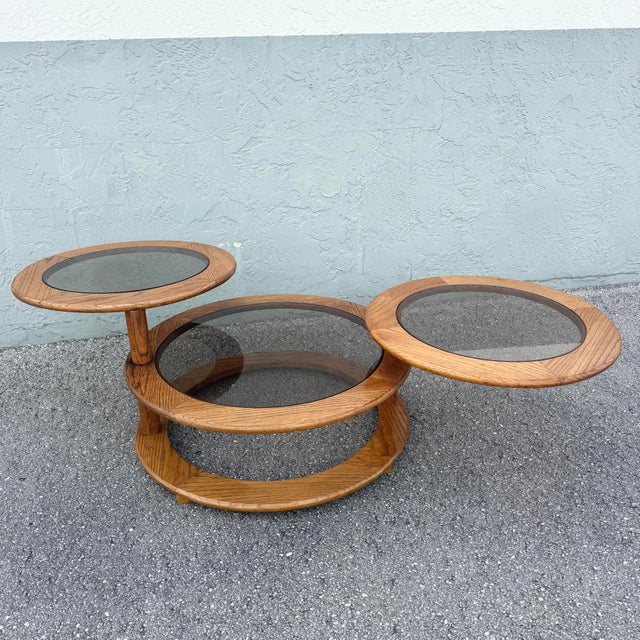 Mid-Century Modern Mid Century Modern Three Tier Oak and Smoked Glass Swivel Coffee Table For Sale - Image 3 of 10