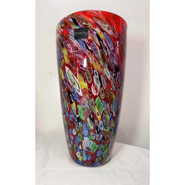 Italian Tall Vintage Murano Italian Hand Blown Red Millefiori Art Glass Vase Sculpture For Sale - Image 3 of 11