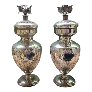Vintage Mercury Glass Apothecary Urns With Metal Flower Decoration - a Pair