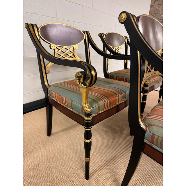 Paint 1980s Set of 4 Extraordinary Hand Carved, Lacquered and Guilded Arm Chairs From John Widdicomb For Sale - Image 7 of 12