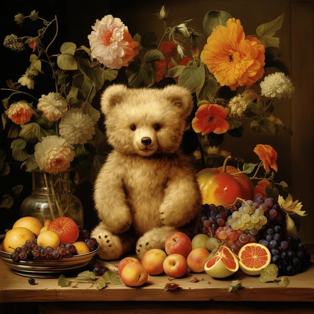 Campaign 30' X 30' Collector Fine Art Print 'Still Life With Fruits, 'Flowers and Teddy Bear', Unframed For Sale - Image 3 of 3