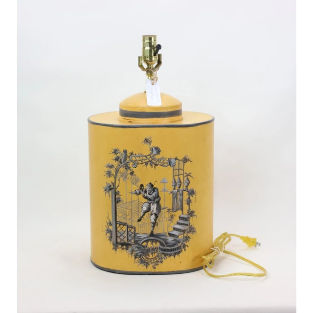This pair of yellow tea tin table lamps are in Chinoiserie style,Chinoiserie was often used in conjunction with the...