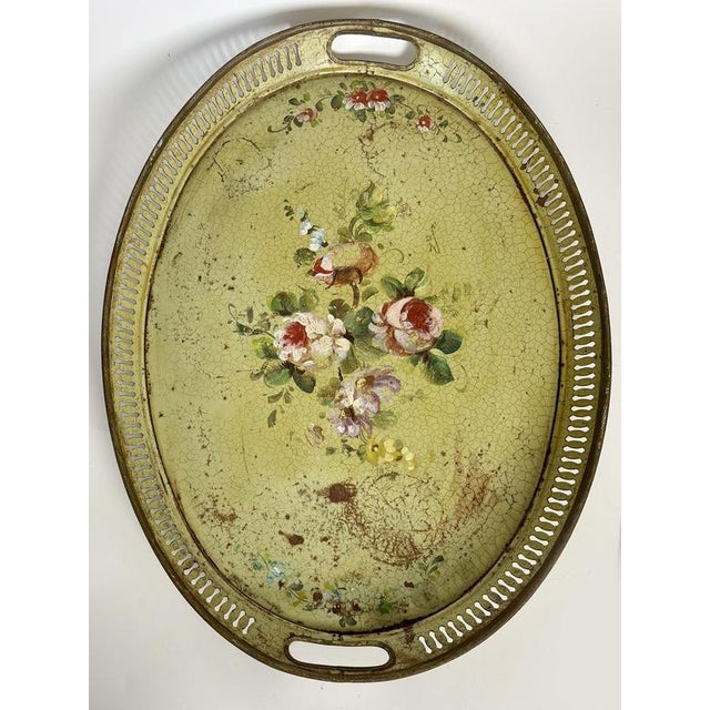 Hand-Painted Green Metal Tray, France, 1800s For Sale - Image 4 of 11